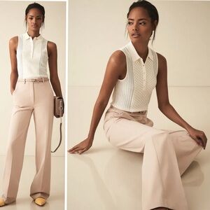 REISS Grace Wide Leg Cotton Blend Trousers Pants In Sand Size 4